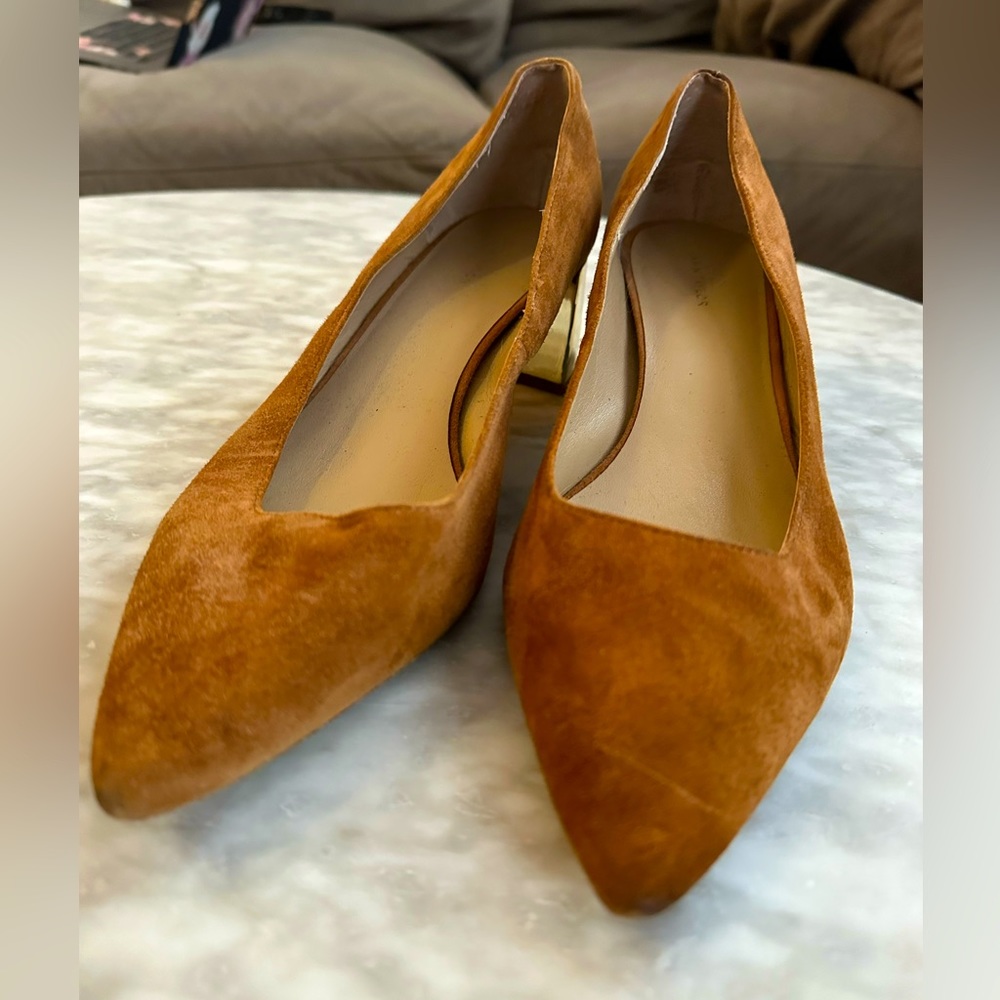 Ann Taylor Brown Suede Shoe with Gold Block Heel, Size 9.5